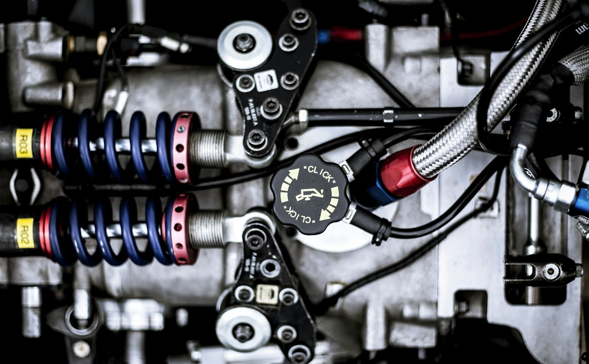 Close-up of a mechanical engine assembly